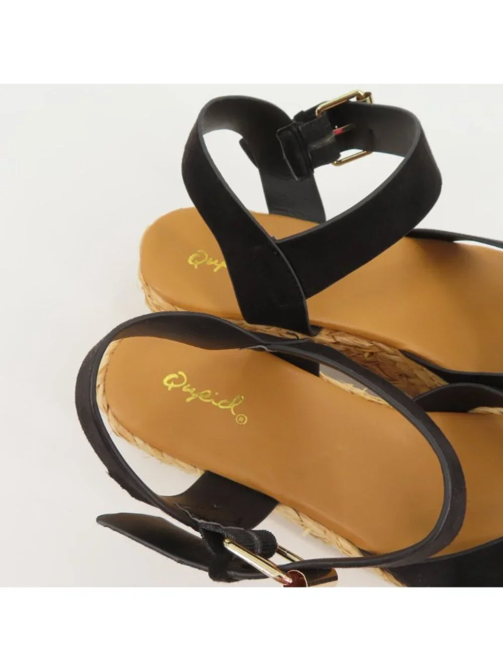 Qupid Women 9 Black Synthetic Strappy Woven Raffia Platform Wedge Sandals Shoes